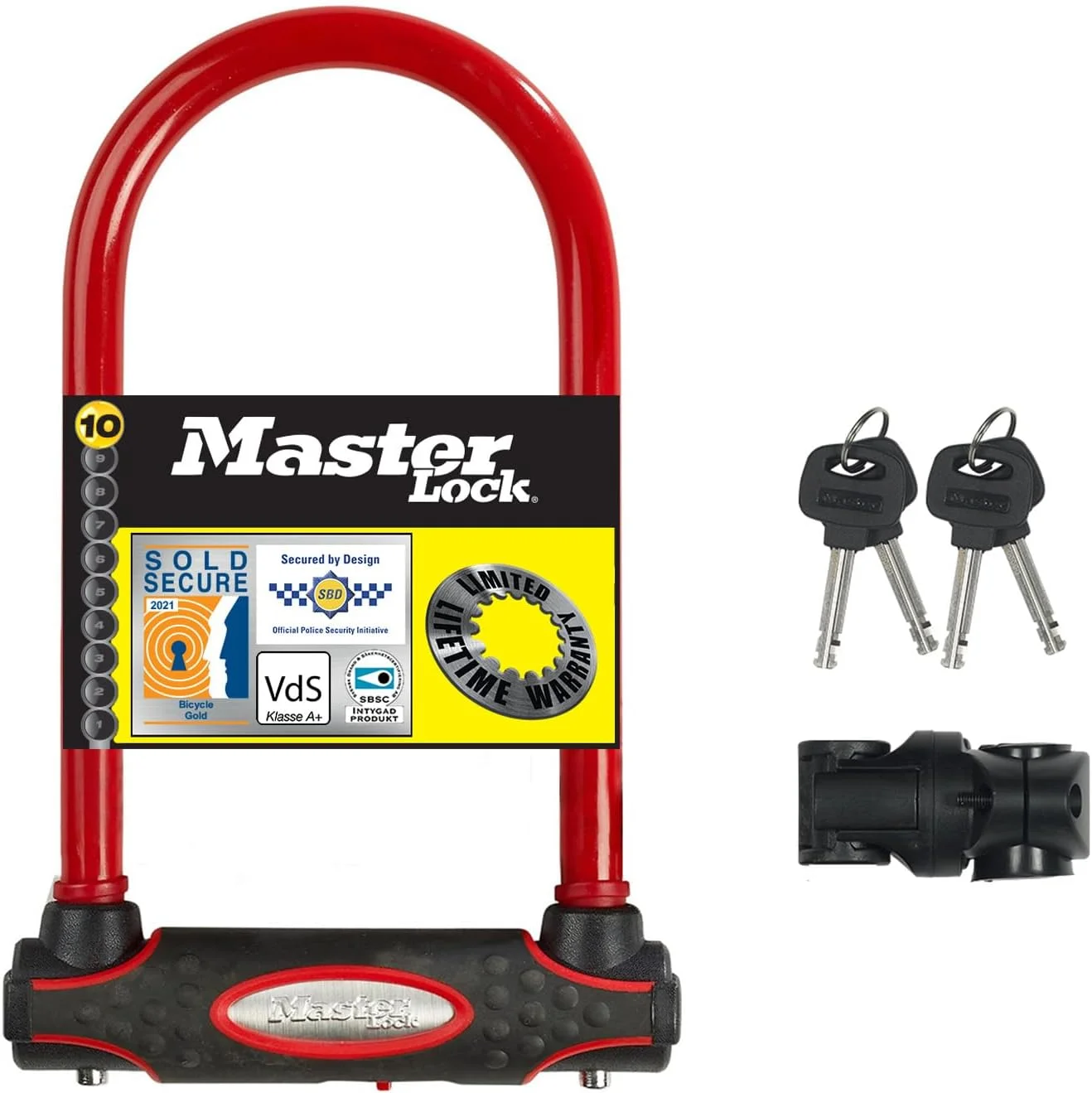 قفل U شکل دوچرخه Master Lock 8195EURDPROCOLR با بدنه فولادی سخت کاری شده، قرمز، 210 میلی متر در 110 میلی متر