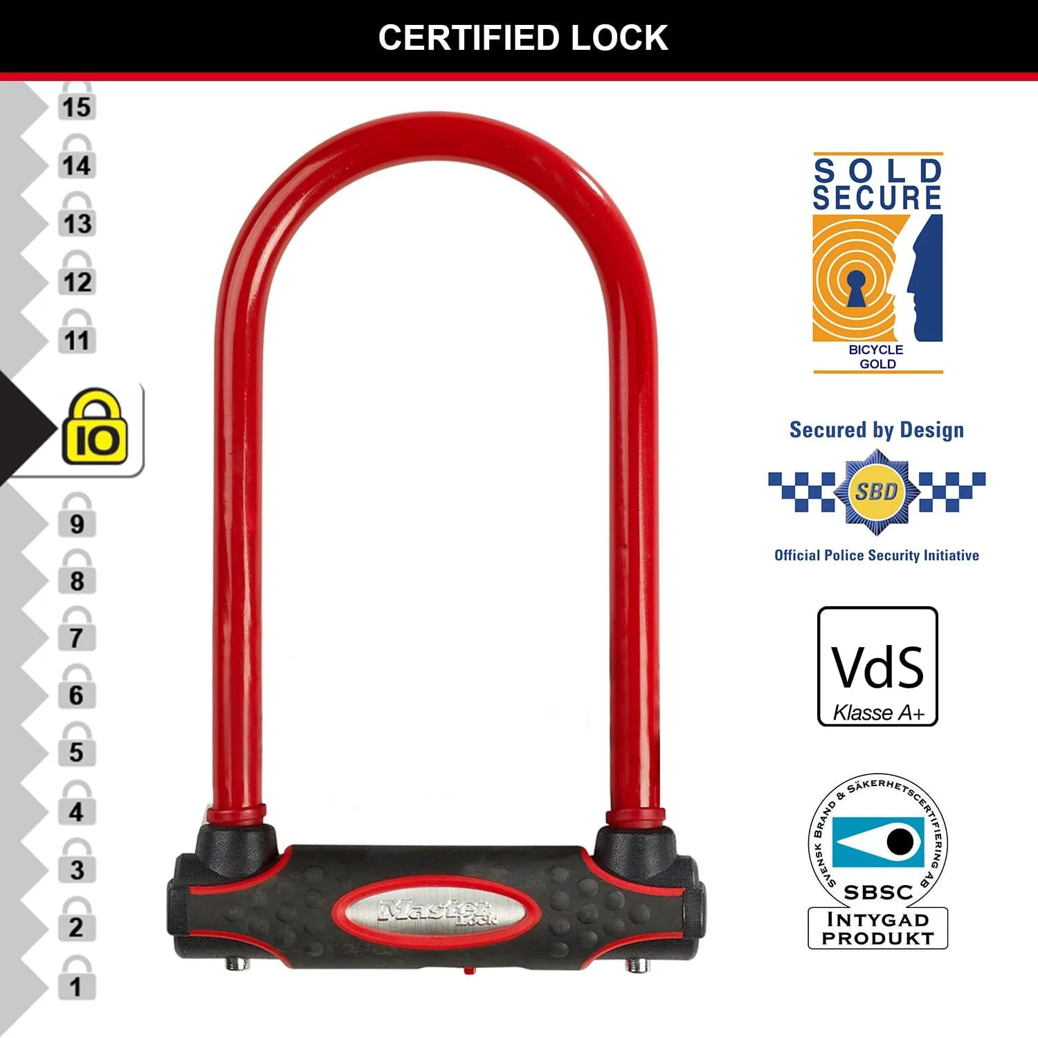 قفل U شکل دوچرخه Master Lock 8195EURDPROCOLR با بدنه فولادی سخت کاری شده، قرمز، 210 میلی متر در 110 میلی متر قفل U شکل دوچرخه Master Lock 8195EURDPROCOLR با بدنه فولادی سخت کاری شده، قرمز، 210 میلی متر در 110 میلی متر