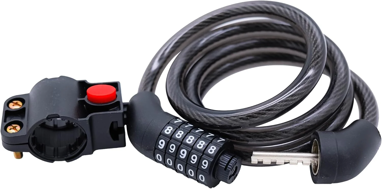 قفل کابلی دوچرخه Leikefitness - قفل ضد سرقت سنگین 120 سانتی متری با رمز 5 رقمی، براکت نصب و قطر 120 میلی متر برای دوچرخه، اسکوتر و دوچرخه های برقی.