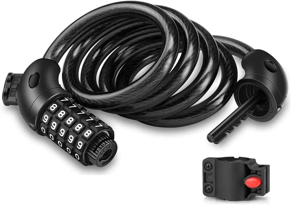 قفل دوچرخه با رمز 5 رقمی، قفل کابلی ترکیبی 1.2 متری/4 فوتی سبک و ایمن برای دوچرخه، دوچرخه کوهستانی، اسکوتر
