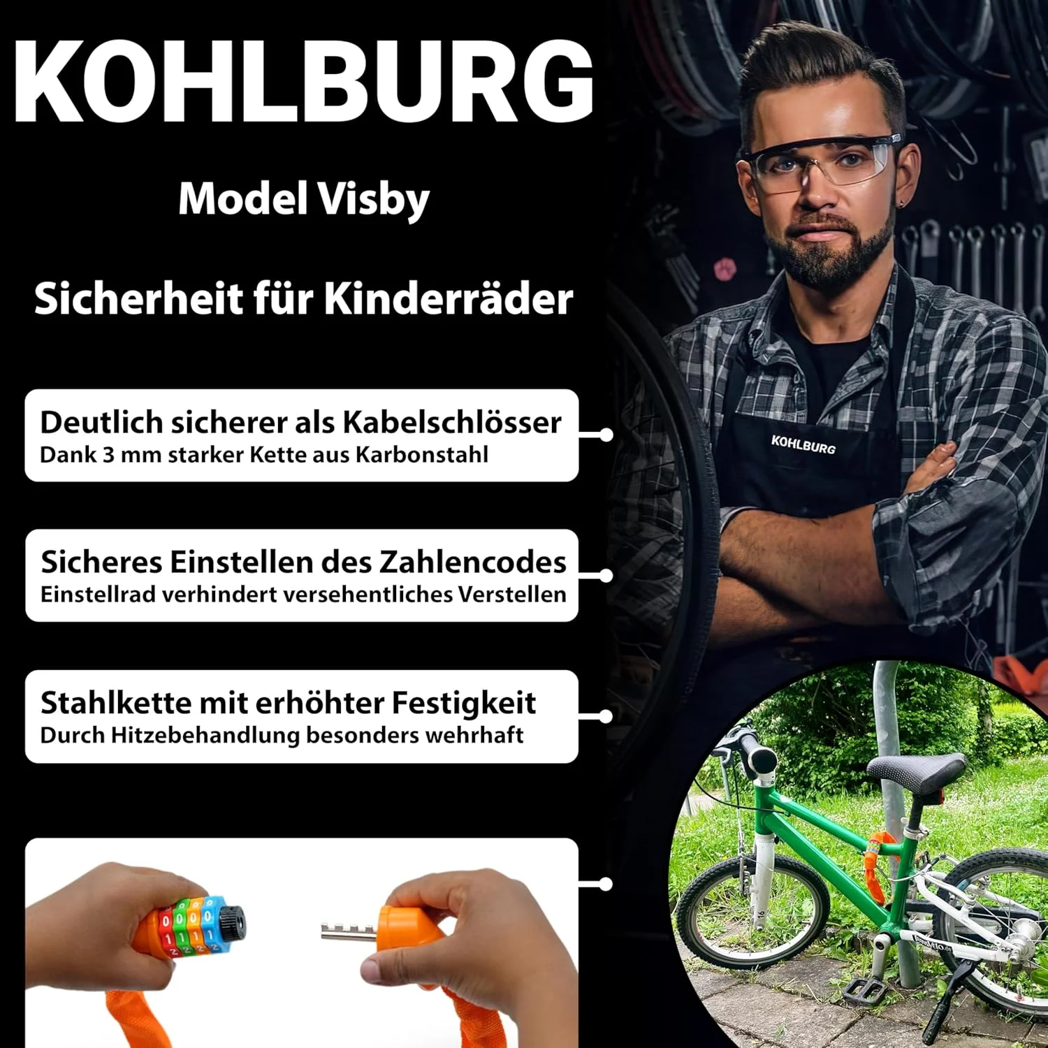 قفل زنجیری رمزدار 4 رقمی دوچرخه کودک کولبورگ [زنجیر فولادی] - قفل کودکانه برای پسران و دختران - قفل با کد ترکیبی برای دوچرخه و اسکوتر کودک