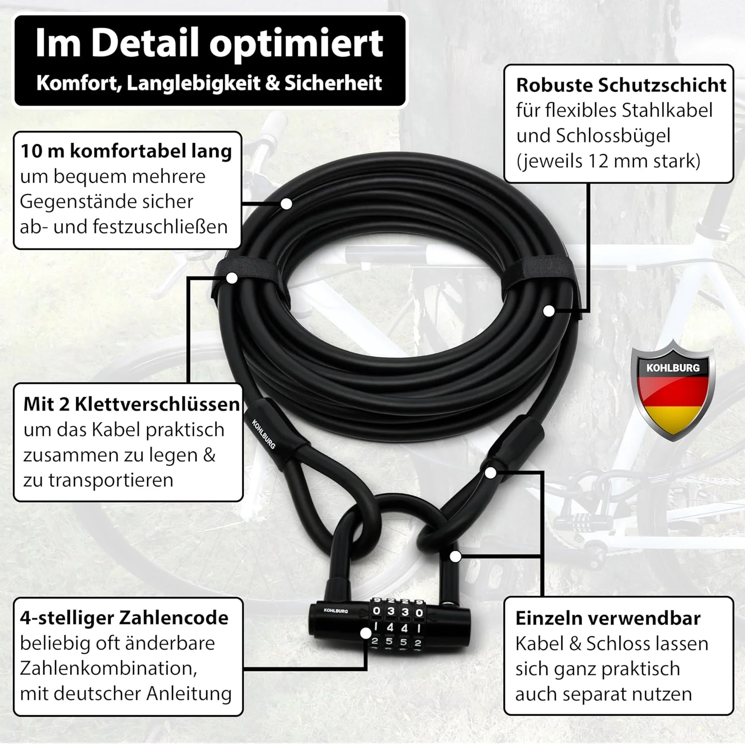 قفل کابلی ۱۰ متری کوهلبورگ مدل Sparta با قفل ترکیبی رمزدار و کابل فولادی ۱۰ متری (۱۰۰۰ سانتیمتری) برای دوچرخه، پاسیو، مبلمان باغ و قفل دوچرخه قفل کابلی ۱۰ متری کوهلبورگ مدل Sparta با قفل ترکیبی رمزدار و کابل فولادی ۱۰ متری (۱۰۰۰ سانتیمتری) برای دوچرخه، پاسیو، مبلمان باغ و قفل دوچرخه