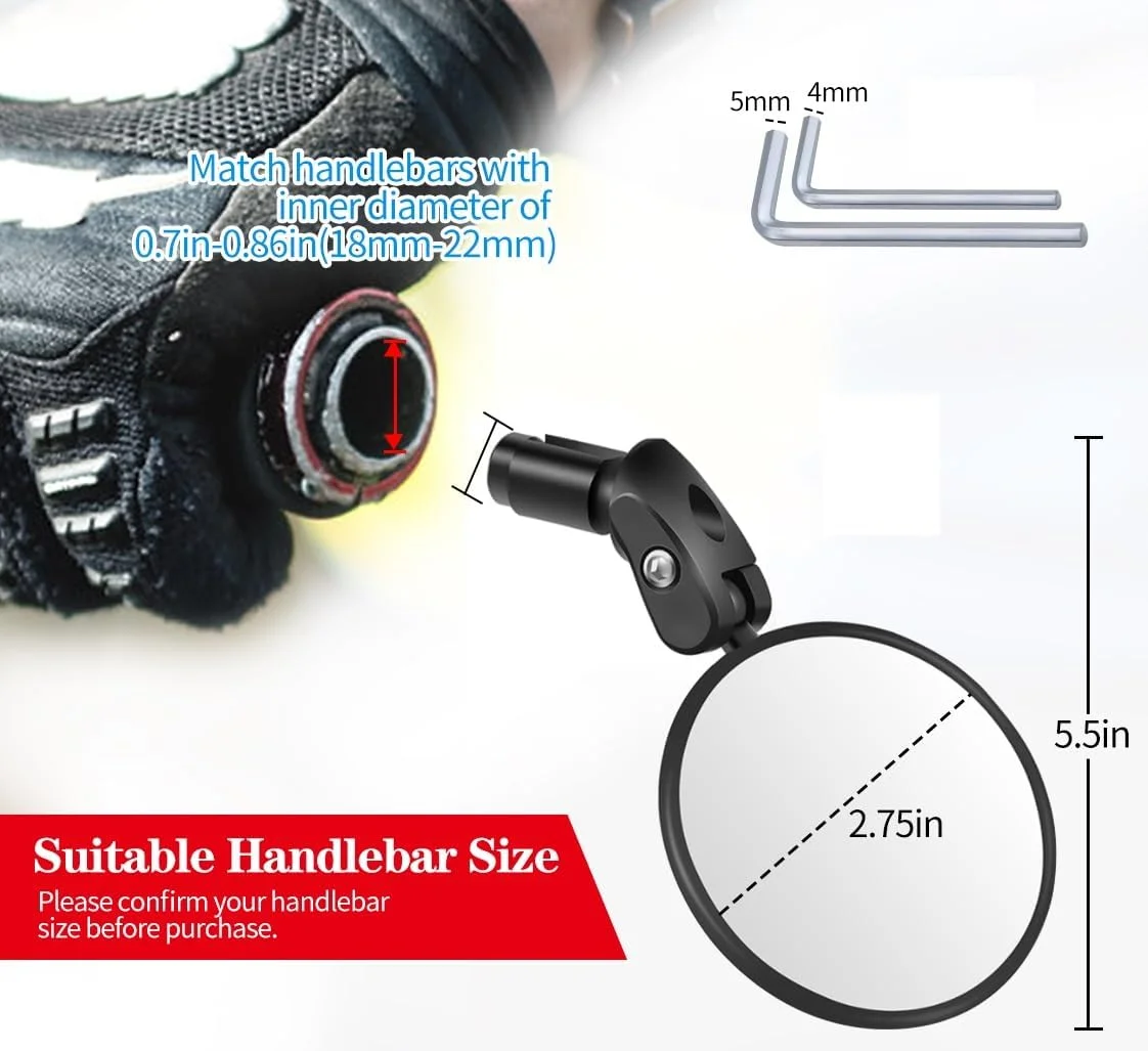آینه فرمان دوچرخه RUBY.Q، آینه دید عقب دوچرخه، آینه دید عقب ایمنی HD، آینه محدب قابل تنظیم نصب شده روی فرمان با آچار آلن، برای دوچرخه های کوهستانی و جاده ای (1 آینه)