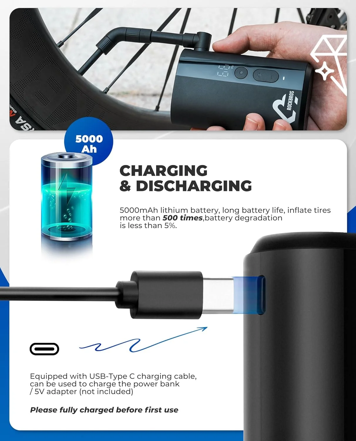 تلمبه برقی کوچک دوچرخه ROCKBROS 150PSI، باد کردن سریع 32 ثانیه ای، تلمبه لاستیک دوچرخه با گیج دیجیتال، خاموش شدن خودکار، سازگار با والف های پرستا و شرادر تلمبه برقی کوچک دوچرخه ROCKBROS 150PSI، باد کردن سریع 32 ثانیه ای، تلمبه لاستیک دوچرخه با گیج دیجیتال، خاموش شدن خودکار، سازگار با والف های پرستا و شرادر