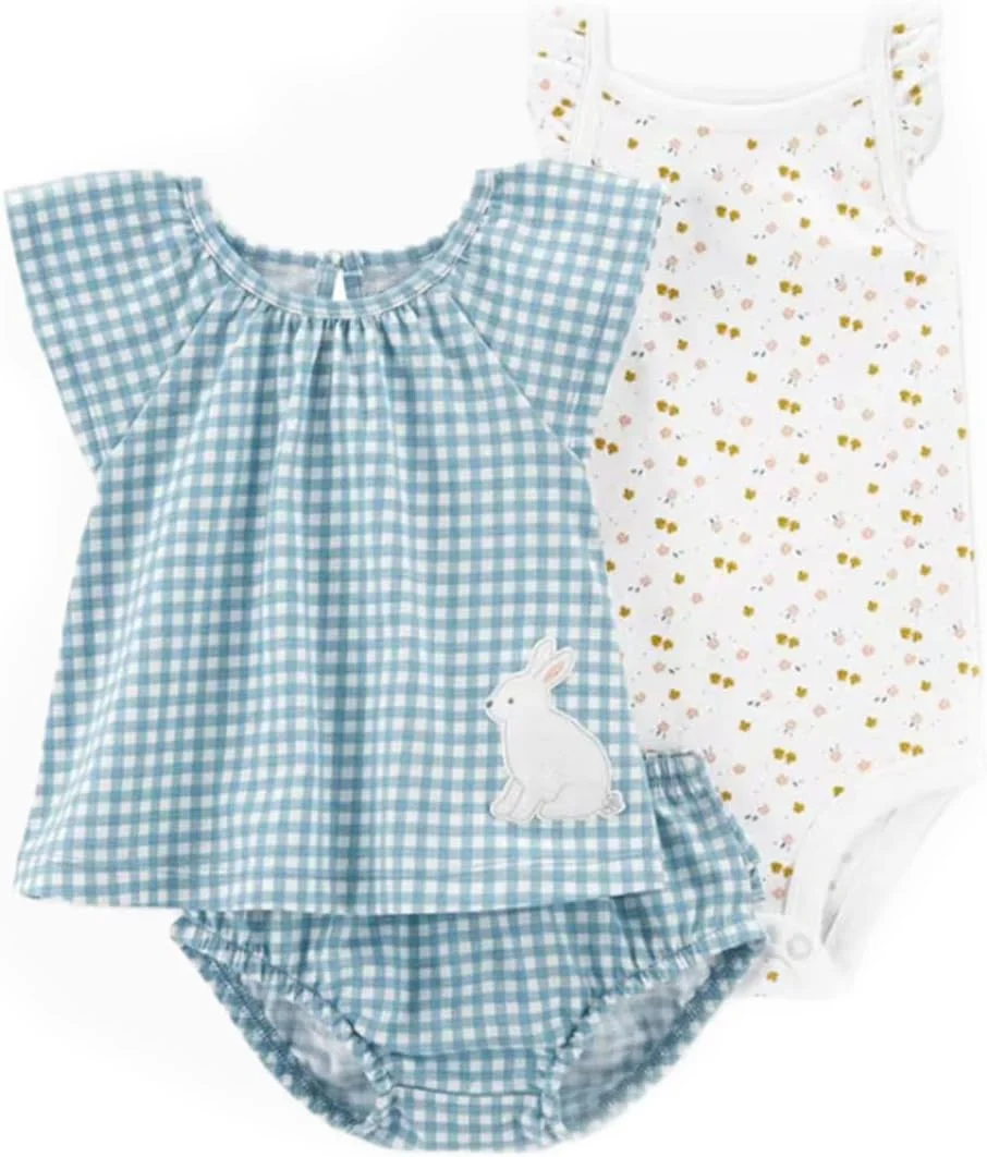 ست لباس تابستانی نوزاد دخترانه، شامل تیشرت، شورت و رامپر با طرح های زیبا ست لباس تابستانی نوزاد دخترانه، شامل تیشرت، شورت و رامپر با طرح های زیبا