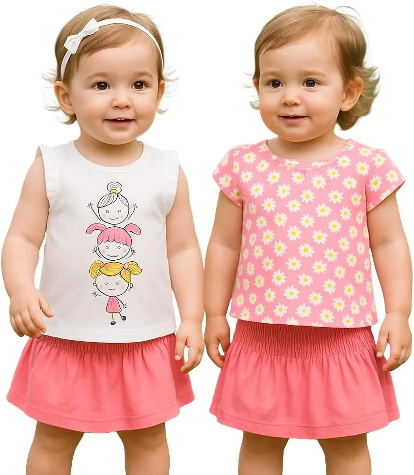 ست لباس تابستانی دخترانه مایورال 6-24 ماه، ست 3 تکه: تی شرت سفید با طرح چاپی، تاپ صورتی با گل های بابونه، دامن نخی با کمر کشی، 1943 ست لباس تابستانی دخترانه مایورال 6-24 ماه، ست 3 تکه: تی شرت سفید با طرح چاپی، تاپ صورتی با گل های بابونه، دامن نخی با کمر کشی، 1943