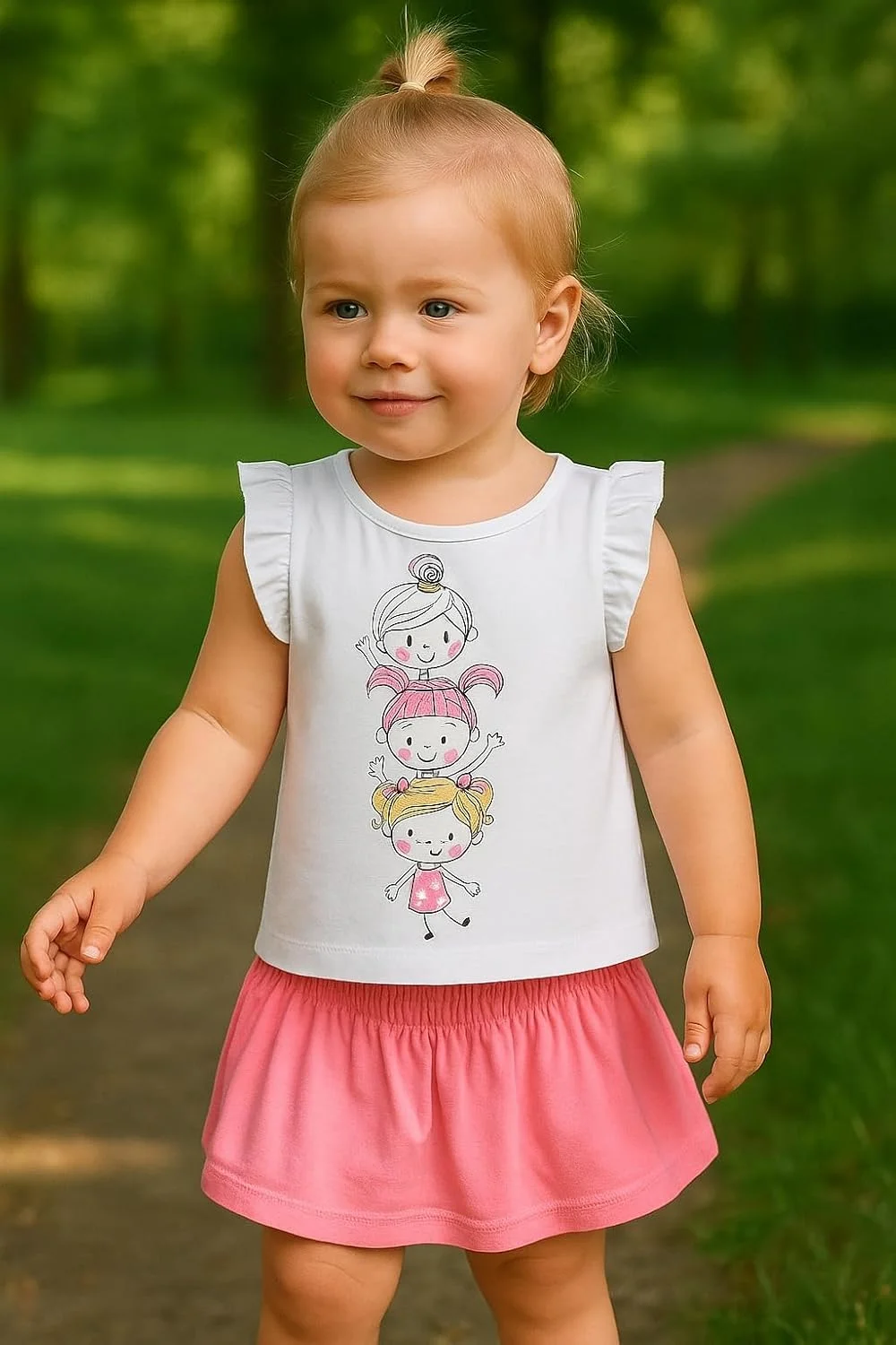 ست لباس تابستانی دخترانه مایورال 6-24 ماه، ست 3 تکه: تی شرت سفید با طرح چاپی، تاپ صورتی با گل های بابونه، دامن نخی با کمر کشی، 1943