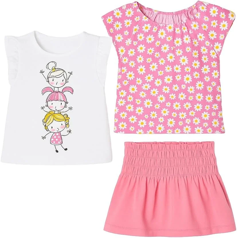 ست لباس تابستانی دخترانه مایورال 6-24 ماه، ست 3 تکه: تی شرت سفید با طرح چاپی، تاپ صورتی با گل های بابونه، دامن نخی با کمر کشی، 1943