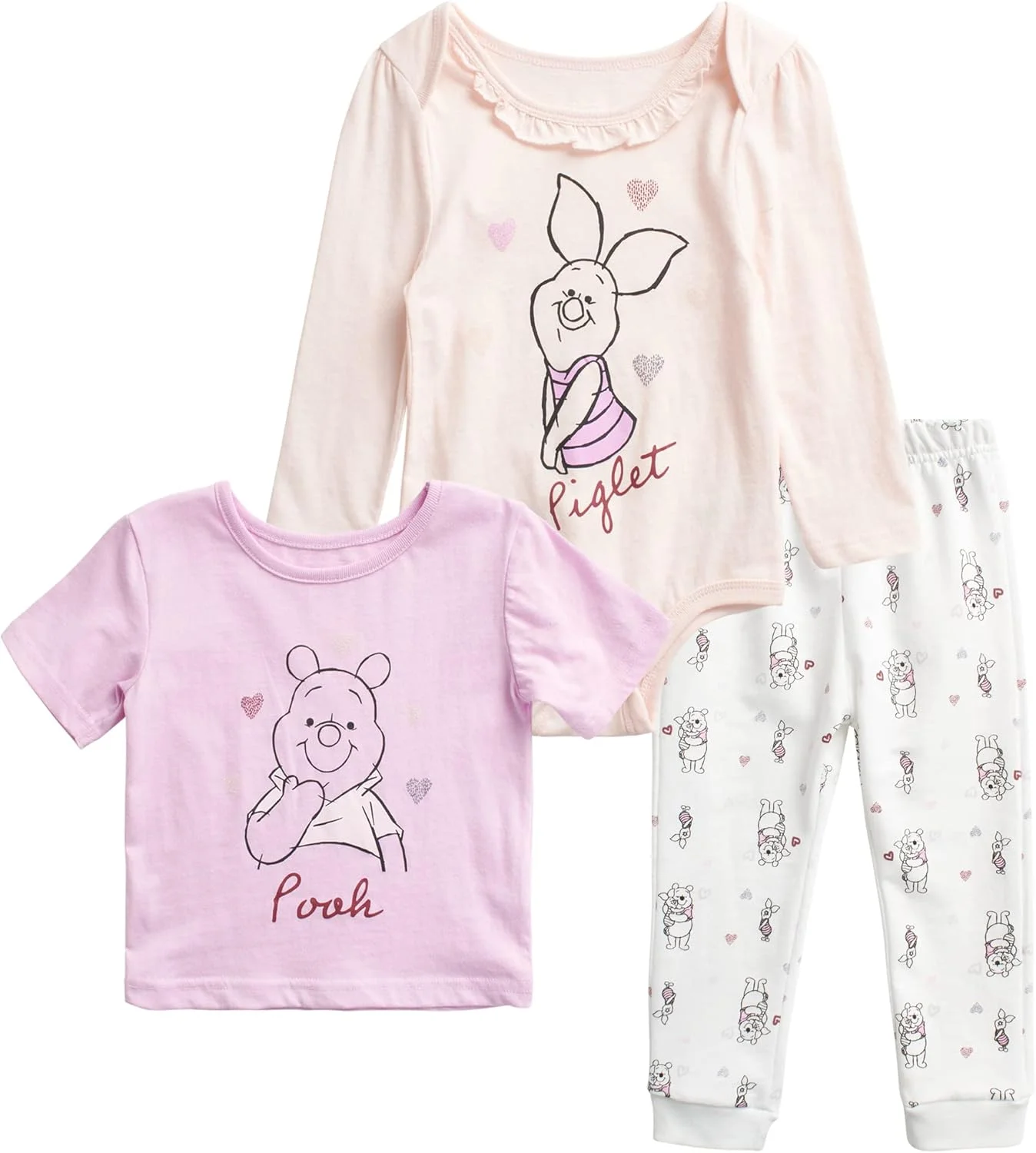 ست لباس نوزادی دخترانه دیزنی - 3 تکه شامل بادی، تیشرت و شلوار گرمکن با طرح مینی موس، بامبی و وینی پو (0-24 ماهگی)