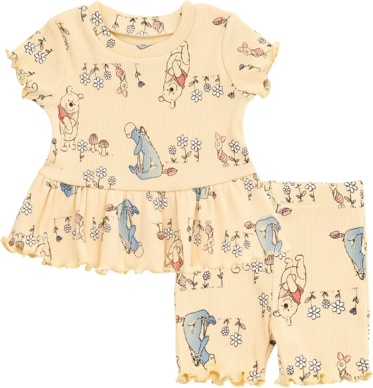 ست تی‌شرت پپلوم دنده‌دار دیزنی جونیور و شورت دوچرخه‌سواری، سایز نوزادی تا بچه بزرگ (0-3 ماهگی تا 14-16)