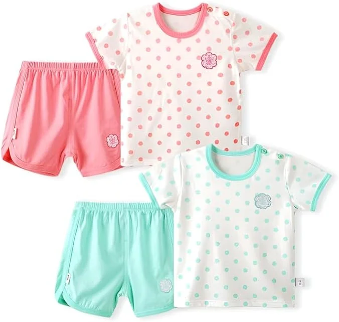 ست تی‌شرت و شلوارک نخی دخترانه طرح خال‌خالی زیبا آلیسا، هلویی و سبز (۲۴-۳۶ ماه)