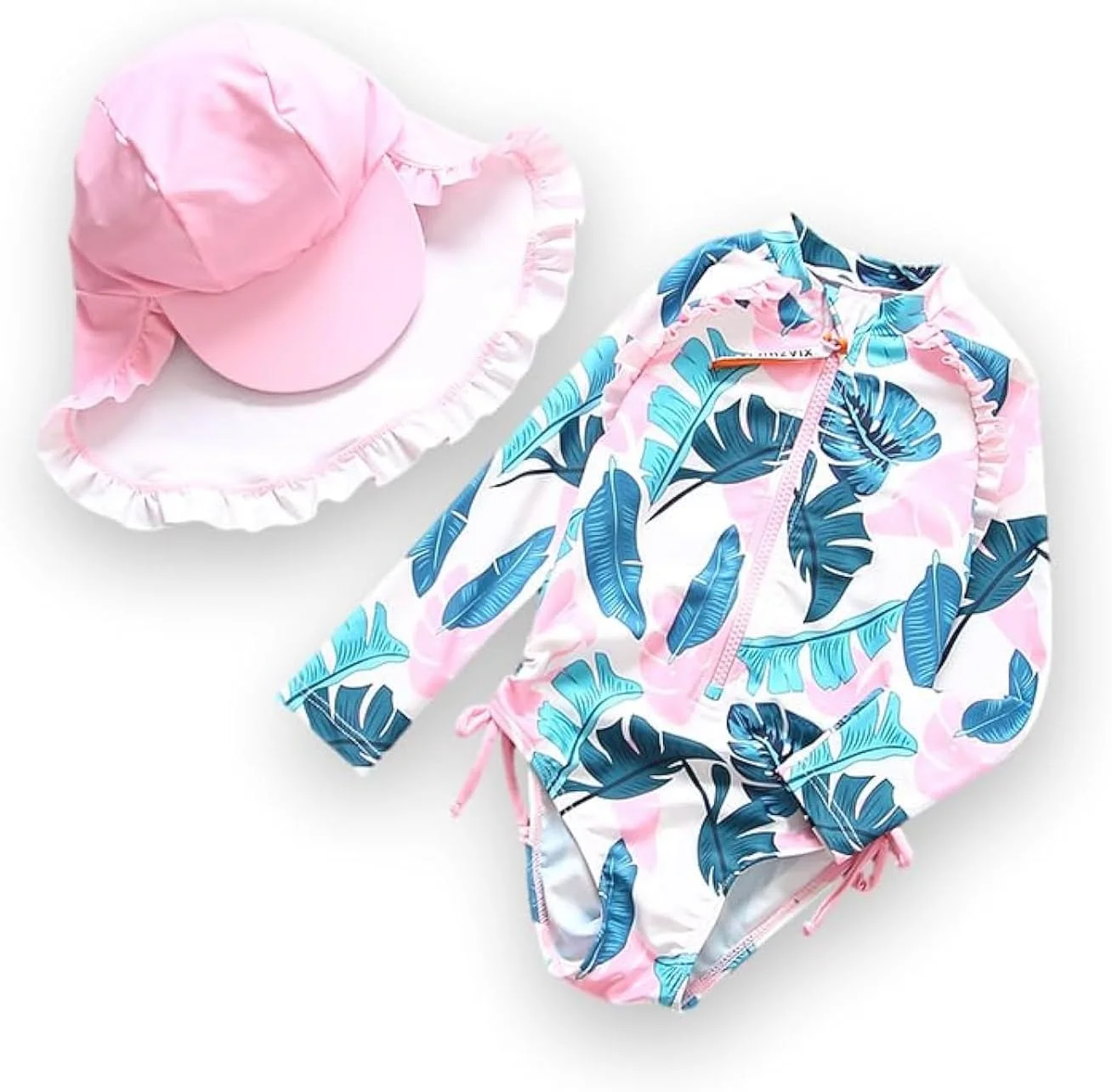 مایو شنا دخترانه برای نوزادان/کودکان، طرح برگ، آستین بلند، محافظ در برابر آفتاب، لباس موج سواری