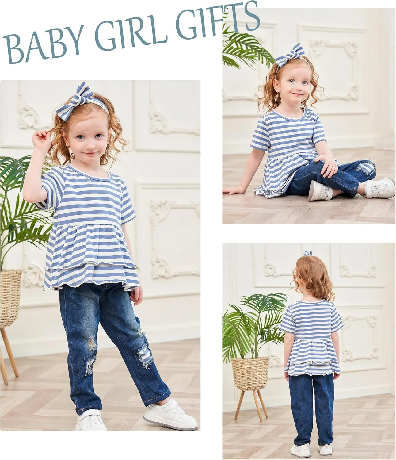 ست لباس دخترانه شامل بلوز آستین بلند چین‌دار و شلوار، مناسب نوزادان و کودکان نوپا، لباس‌های پاییزی و زمستانی دخترانه، سایز 9 ماه تا 4 سال