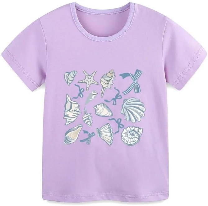 تی شرت نخی آستین کوتاه دخترانه با طرح های گرافیکی زیبا، مناسب تابستان با طرح های هندوانه و صدف