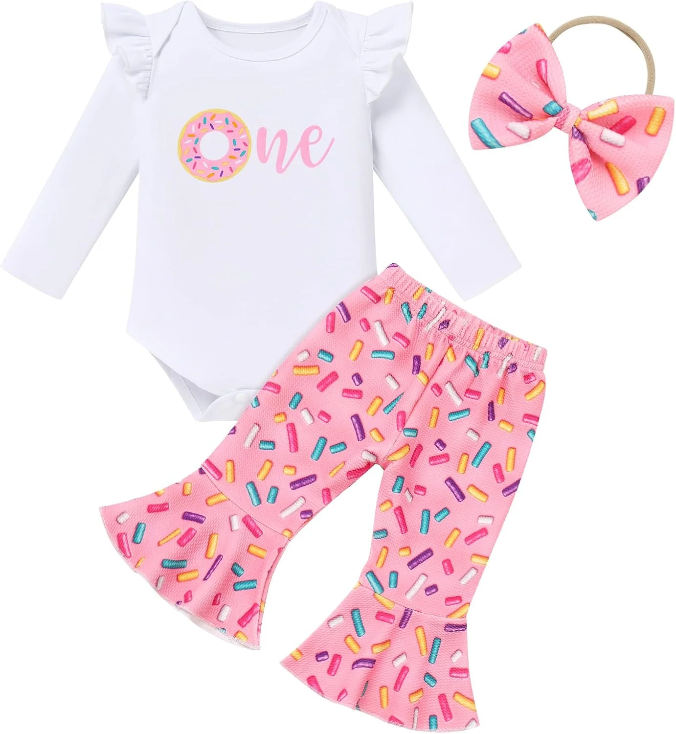 ست لباس تولد یک سالگی دخترانه شامل رامپر آستین پفی طرح آفتابگردان و هلویی، شورت چین‌دار و هدبند 3 تکه مناسب فصل تابستان