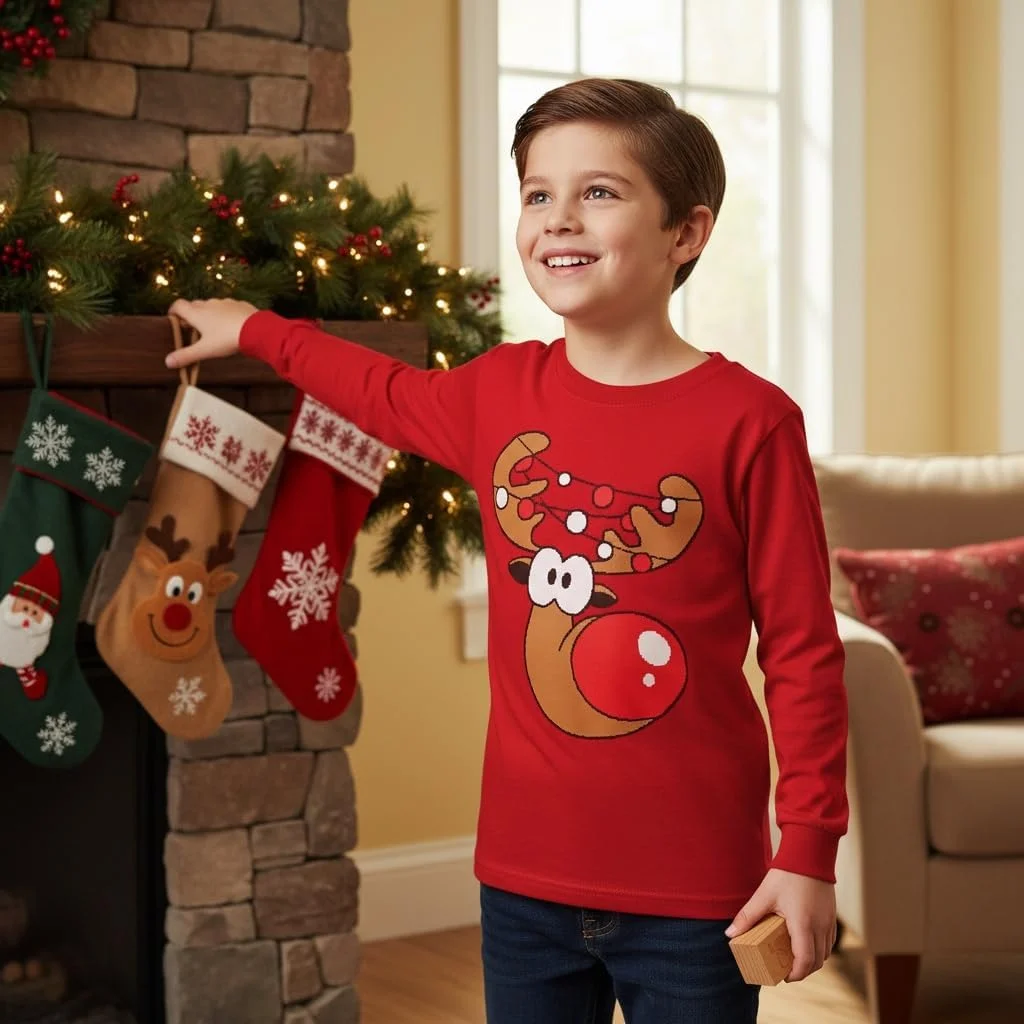 تی شرت آستین بلند طرح گوزن شمالی مناسب کودکان و نوجوانان با طرحی به سبک ژاکت کریسمس