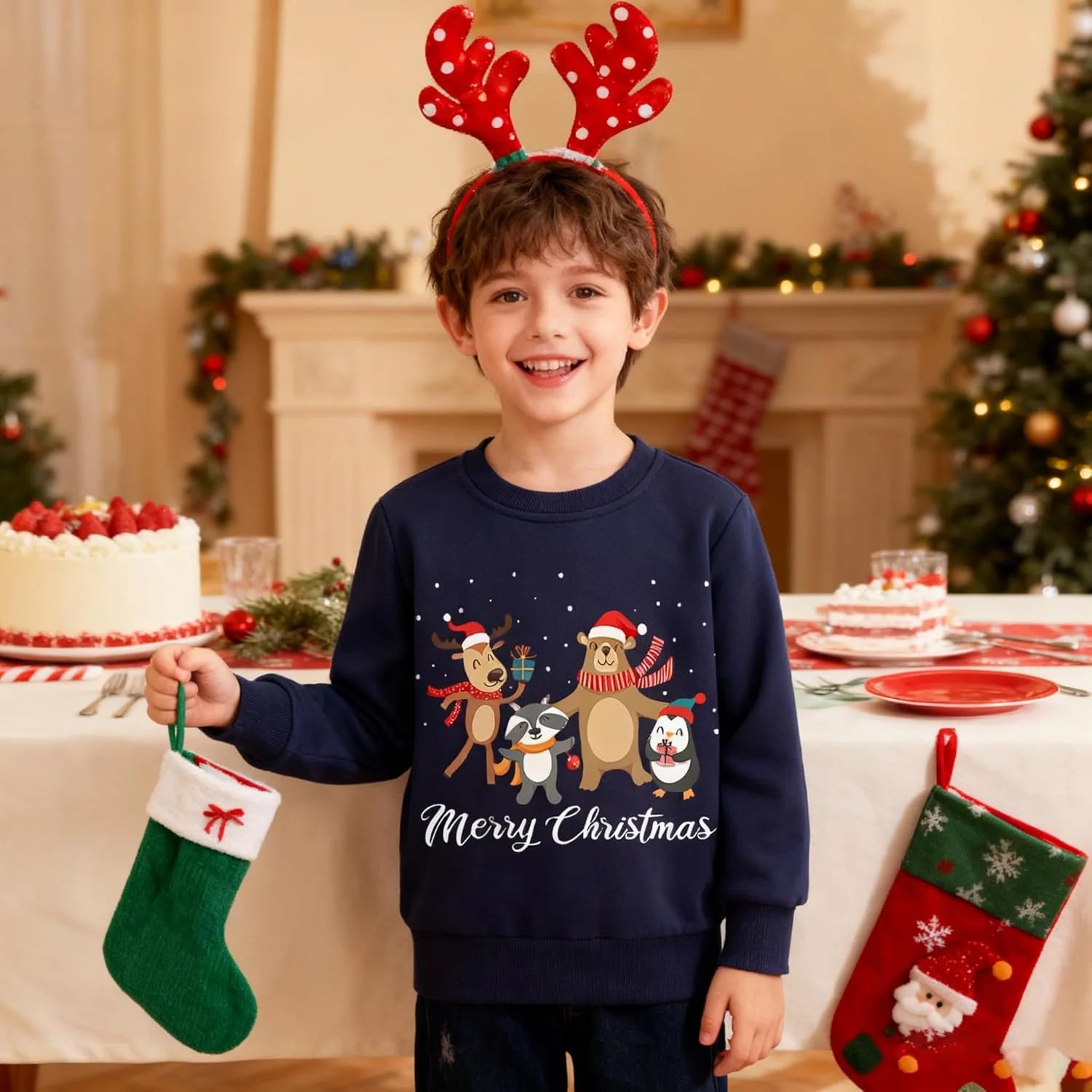پلیورهای کریسمس پسرانه، بلوزهای خاکستری بچگانه، تاپ های خرس و آدم برفی باحال، تی شرت های نخی بچه گانه، لباس پسرانه، لباس آستین بلند یقه گرد زمستانی، سایز 2-3 سال