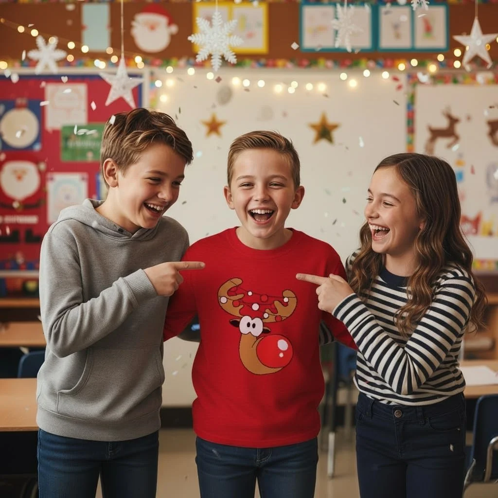 تی شرت آستین بلند طرح گوزن شمالی مناسب کودکان و نوجوانان با طرحی به سبک ژاکت کریسمس