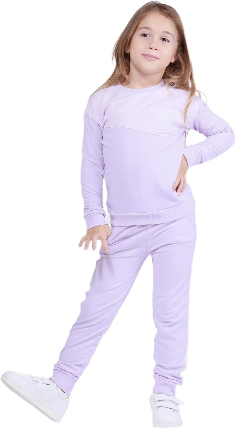 ست لباس دخترانه با بافت پنبه ای یکدست Nuego، تاپ بلوز آستین بلند و شلوار جاگر، لباس ست هماهنگ برای دختران 2 تا 7 سال (بنفش)