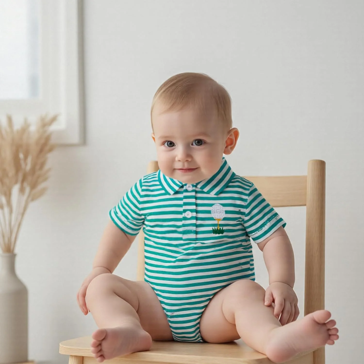 رامپر نوزادی پسرانه، آستین کوتاه، یقه پولو دکمه دار، طرح راه راه گلف، لباس های تابستانی