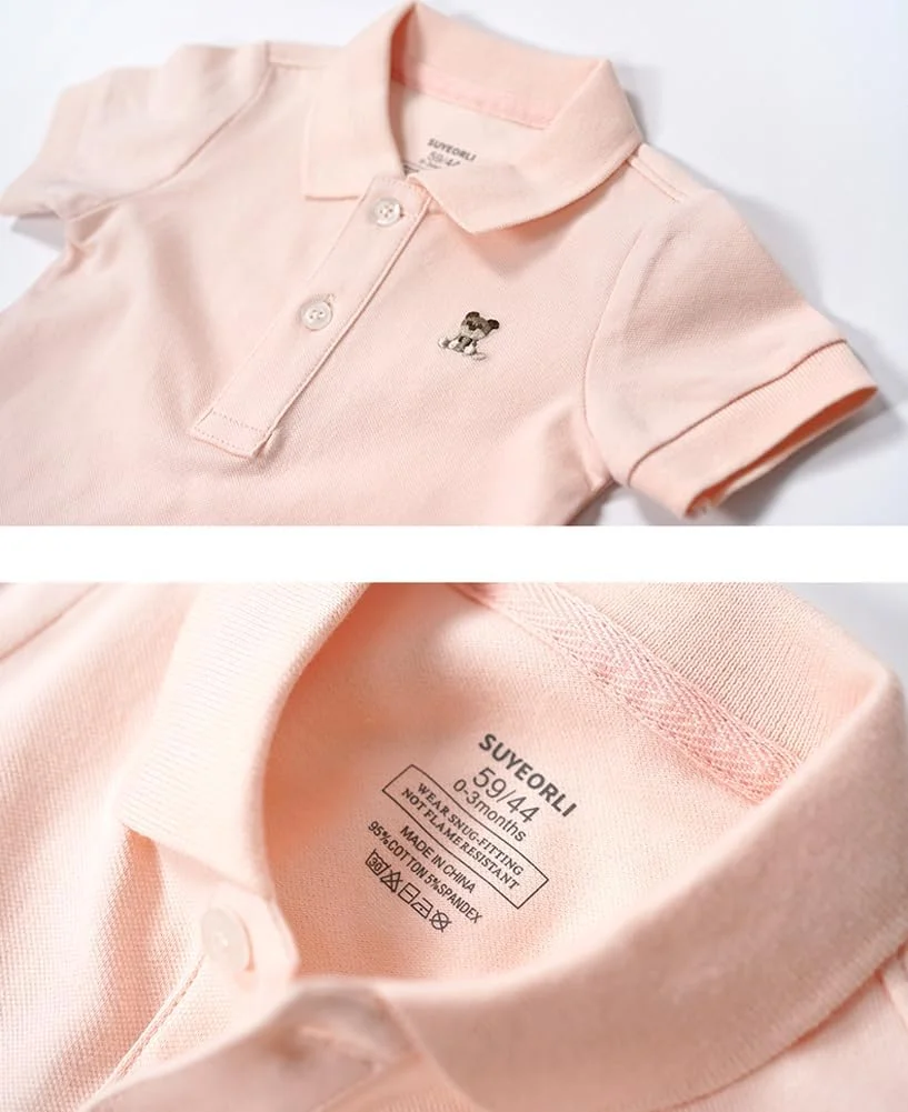 بادی پولوشرت آستین کوتاه نخی گلدوزی خرس مناسب نوزادان دختر و پسر 0-24 ماه