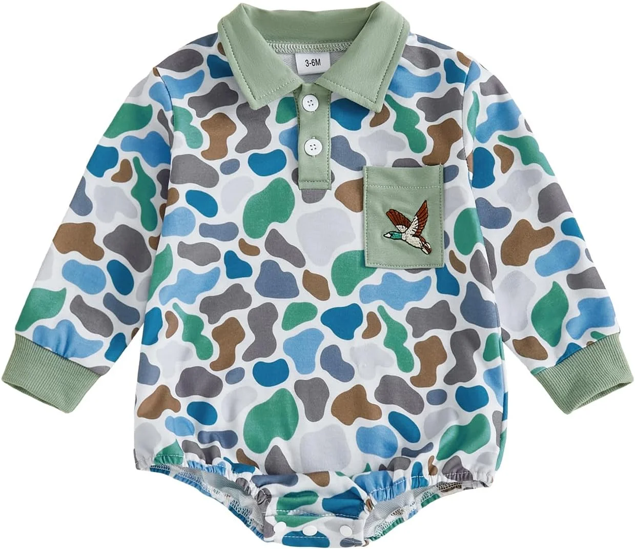 رامپر آستین بلند نوزادی پسرانه، طرح استتار، سرهمی، پیراهن پولو، لباس پاییزی و زمستانی