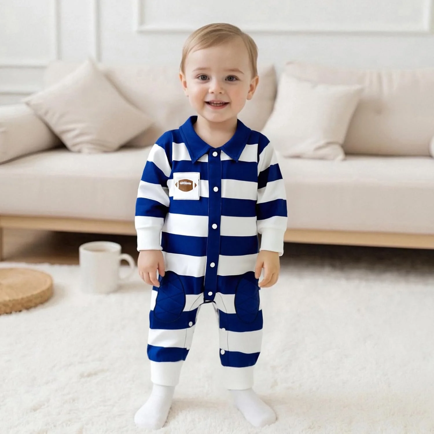 لباس نوزادی پسرانه، رامپر فوتبالی آستین بلند یقه پولو، جامپسوت راه راه، لباس پاییزی
