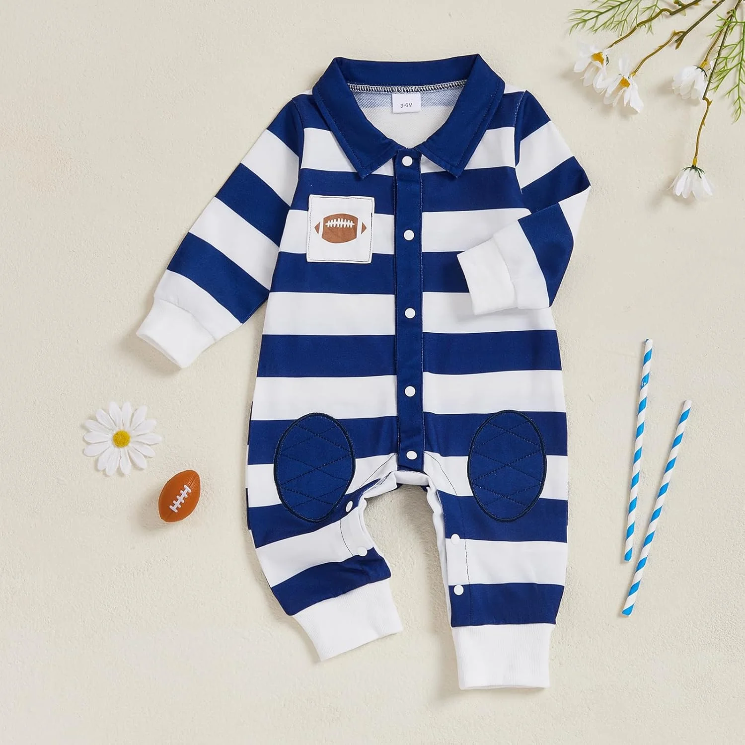 لباس نوزادی پسرانه، رامپر فوتبالی آستین بلند یقه پولو، جامپسوت راه راه، لباس پاییزی