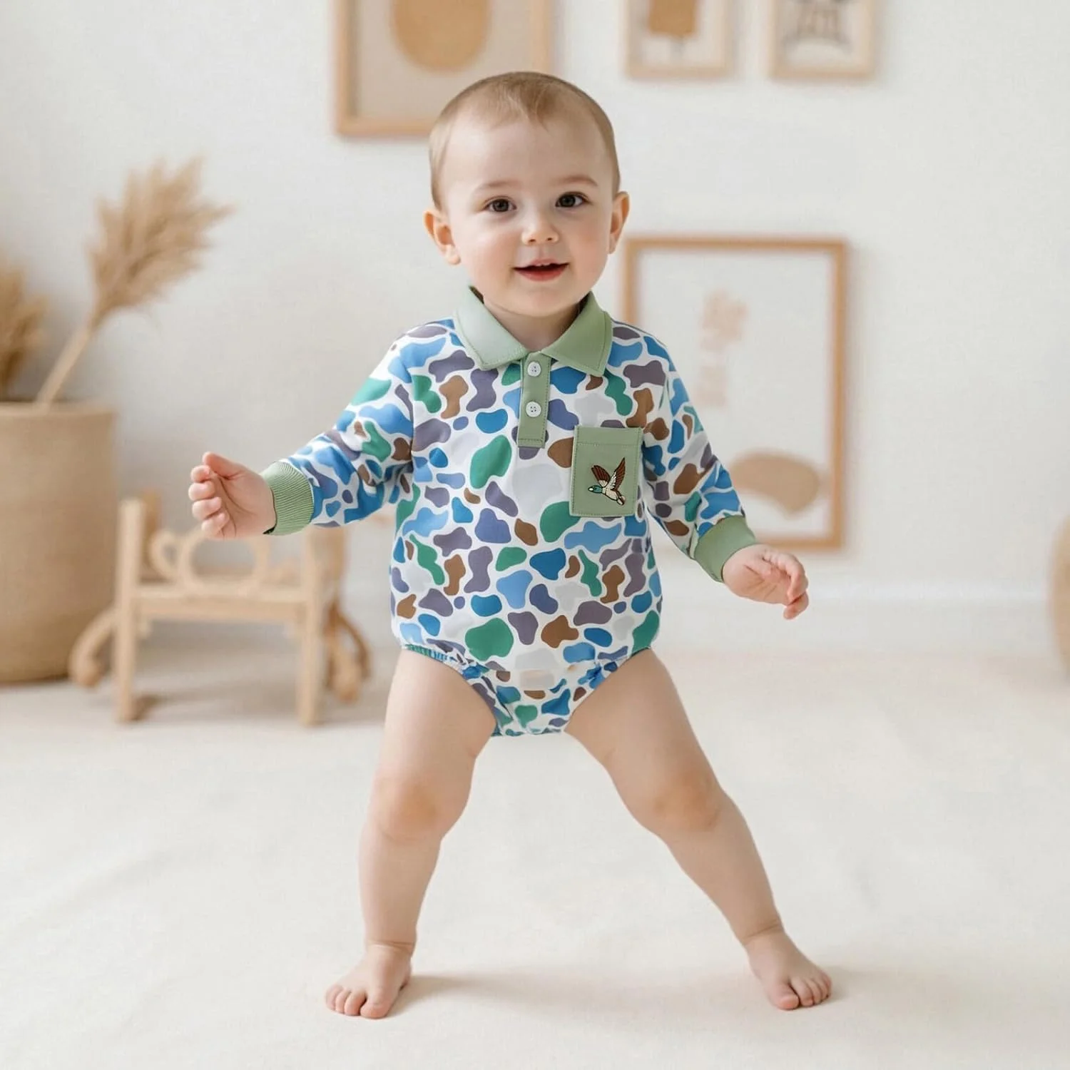 رامپر آستین بلند نوزادی پسرانه، طرح استتار، سرهمی، پیراهن پولو، لباس پاییزی و زمستانی