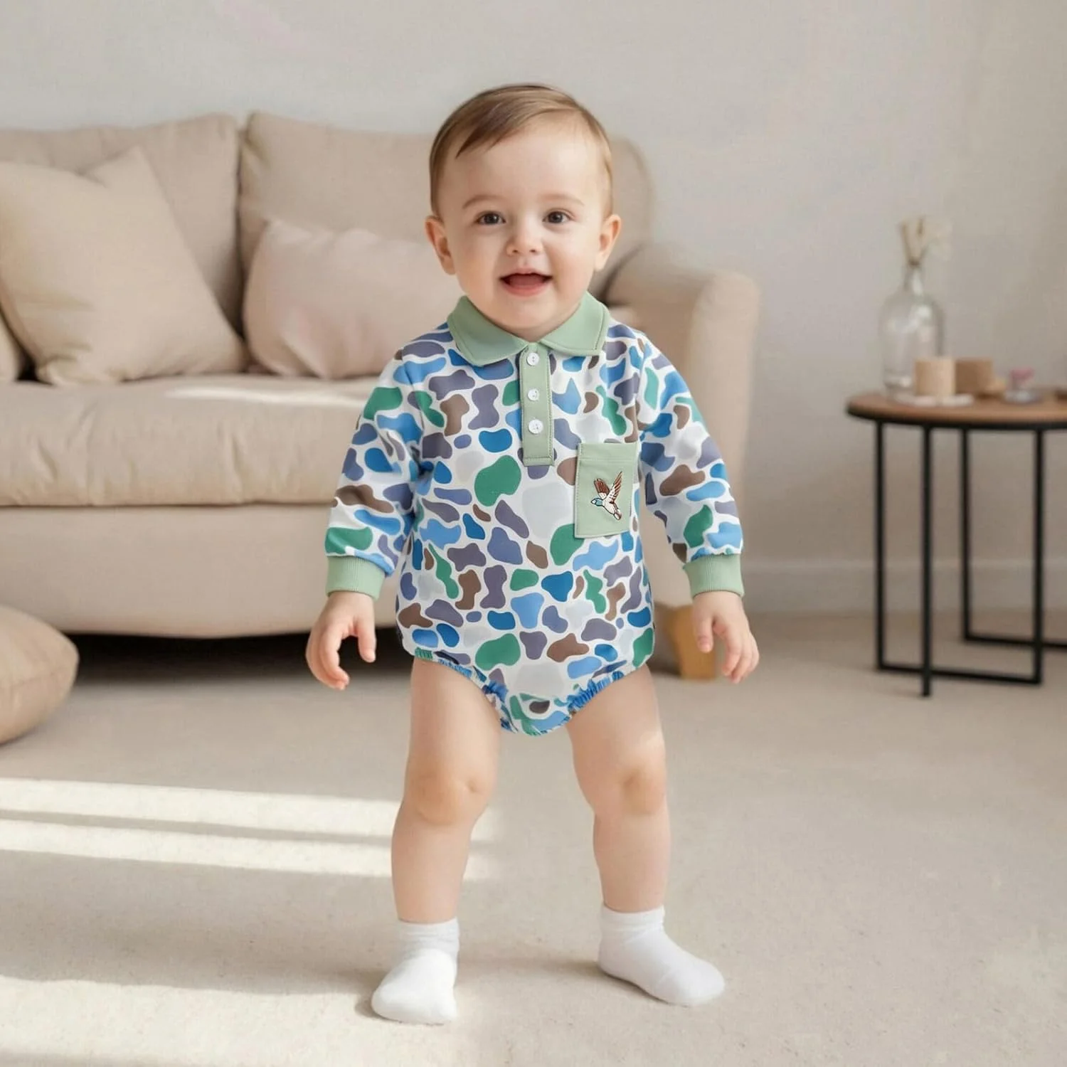 رامپر آستین بلند نوزادی پسرانه، طرح استتار، سرهمی، پیراهن پولو، لباس پاییزی و زمستانی