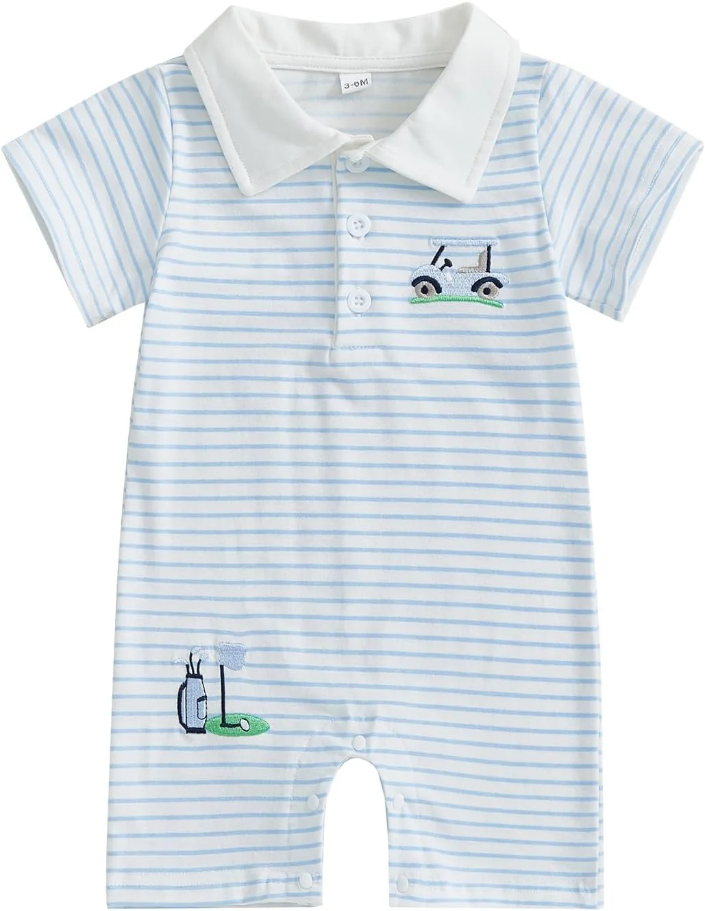 لباس نوزادی پسرانه، تیشرت پولوشرت آستین کوتاه راه راه با گلدوزی، سرهمی یک تکه تابستانی