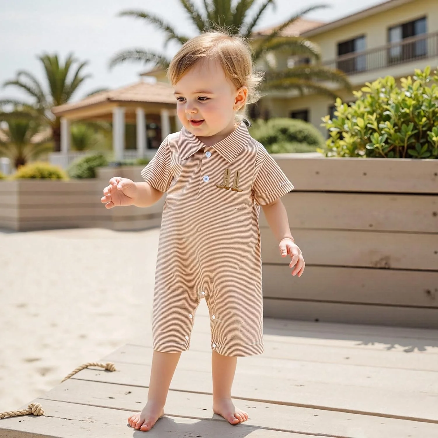 لباس تابستانی پسرانه، پولوشرت آستین کوتاه گلدوزی شده، رامپر دکمه دار یقه دار، لباس سرهمی راه راه