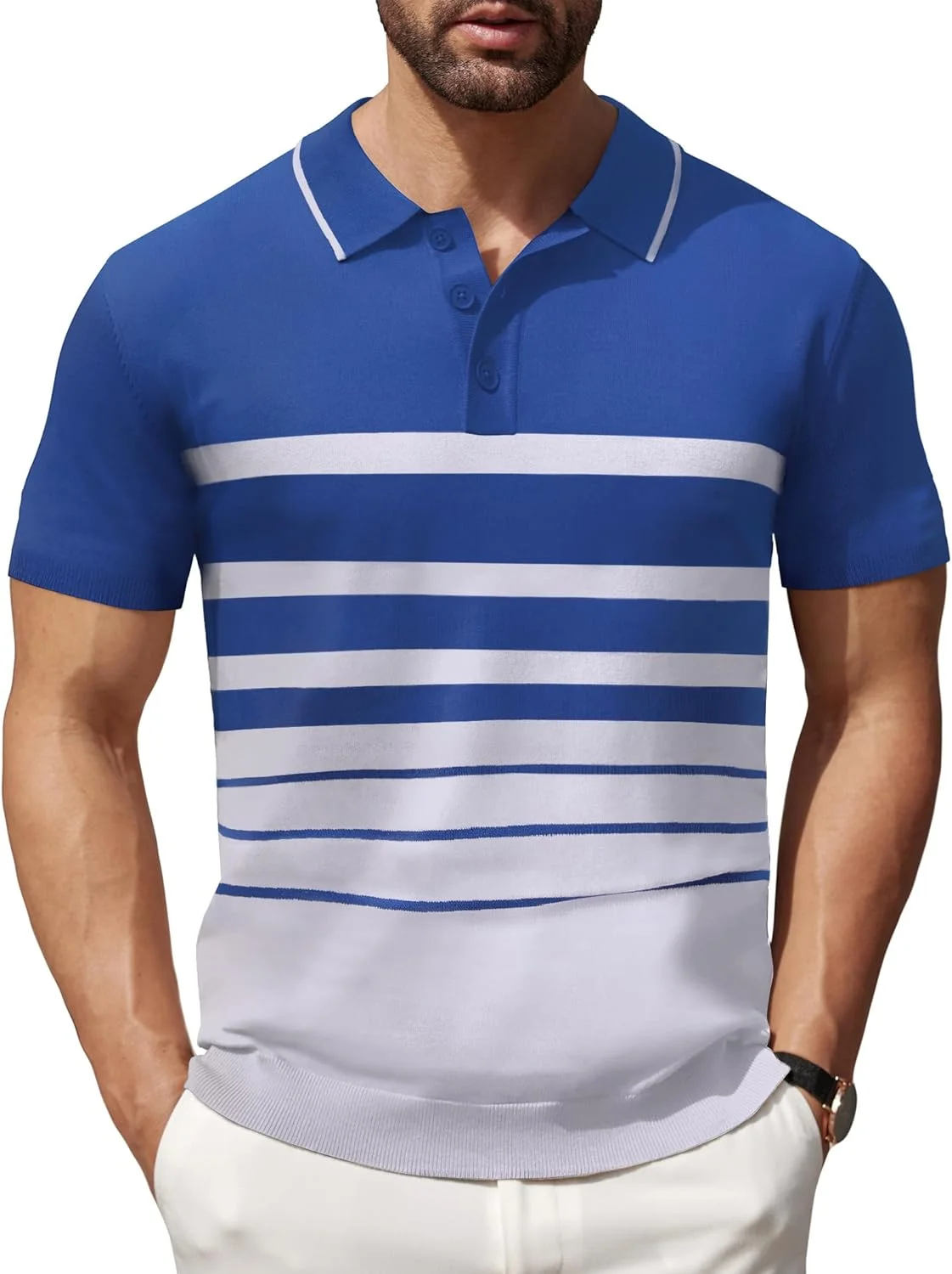 پولوشرت بافتنی مردانه COOFANDY آستین کوتاه راه راه، پولوشرت گلف کژوال و شیک