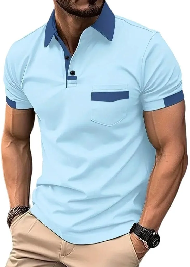 پولوشرت مردانه غیر رسمی، آستین کوتاه کلاسیک، مناسب گلف، طرح رنگی، مدل جذب با جیب