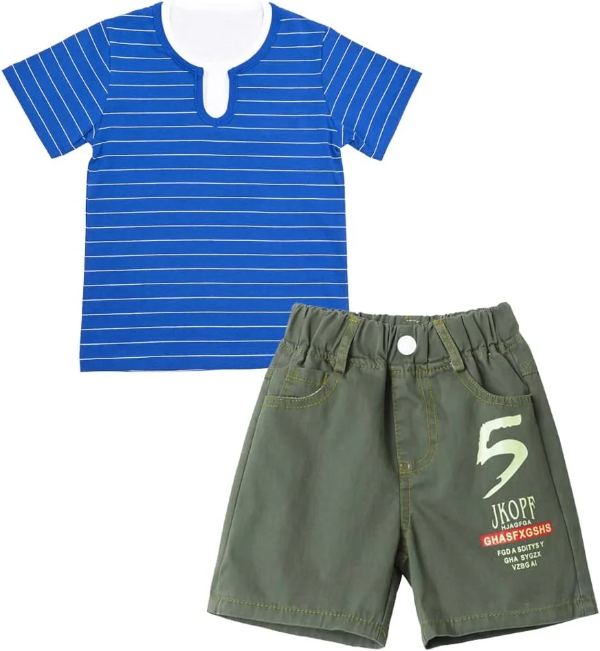 ست لباس تابستانی بچگانه تی شرت نخی راه راه و شلوارک برای پسران و دختران 1-14 سال