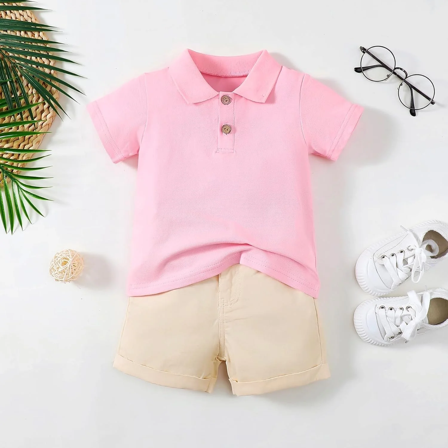 ست لباس تابستانی پسرانه یانموکی، تیشرت آستین کوتاه یقه پولو و شلوارک کمر کشی، مناسب 1 تا 6 سال