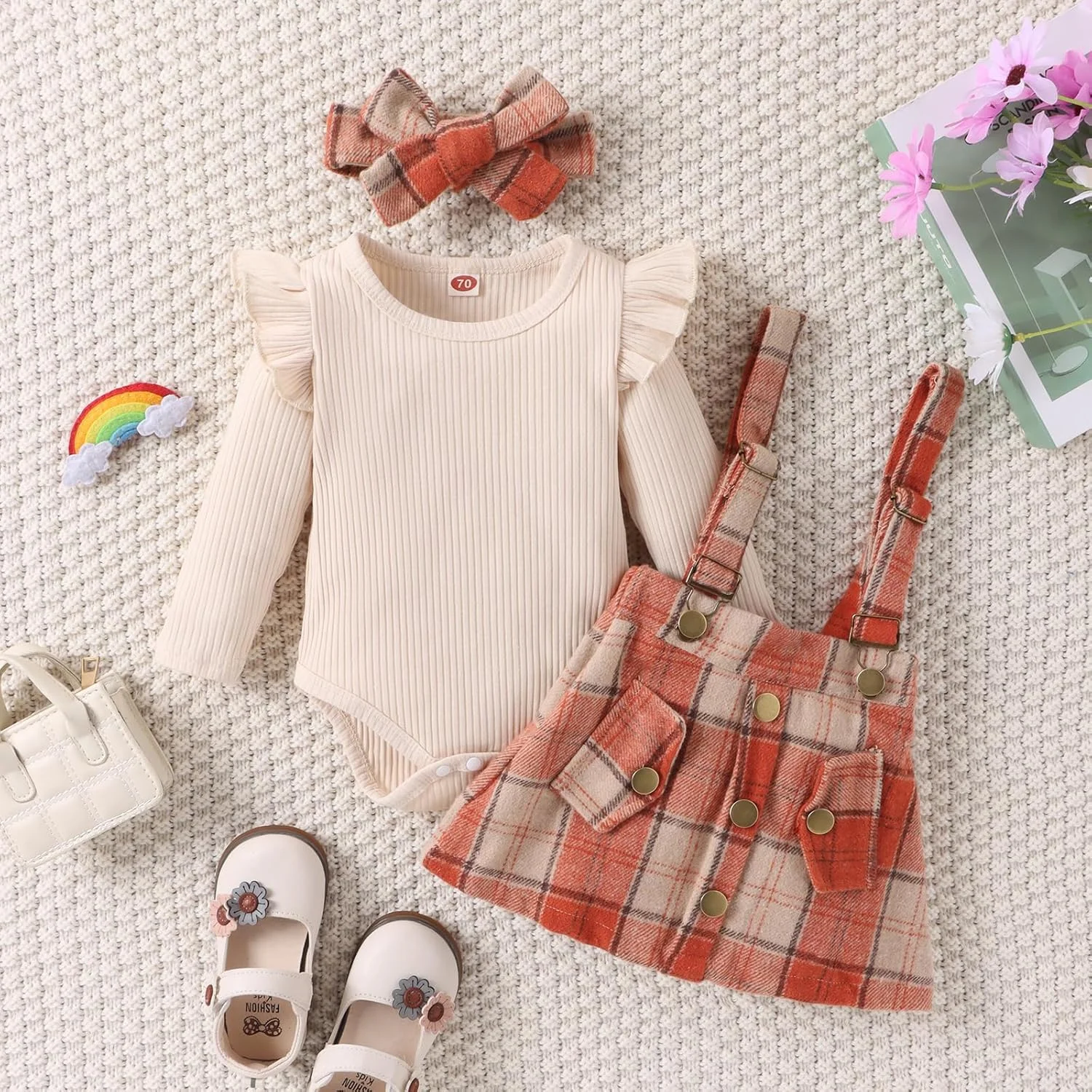 ست لباس پاییزی نوزاد دخترانه شامل رامپر آستین بلند + دامن پیشبندی چهارخانه + هدبند