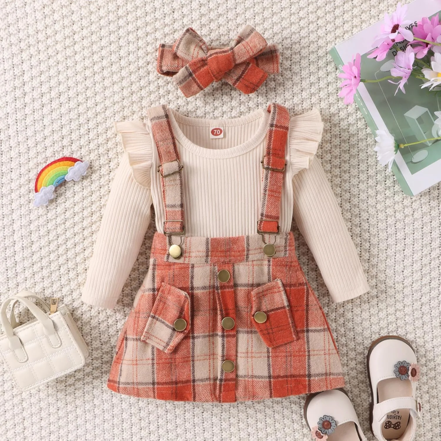 ست لباس پاییزی نوزاد دخترانه شامل رامپر آستین بلند + دامن پیشبندی چهارخانه + هدبند