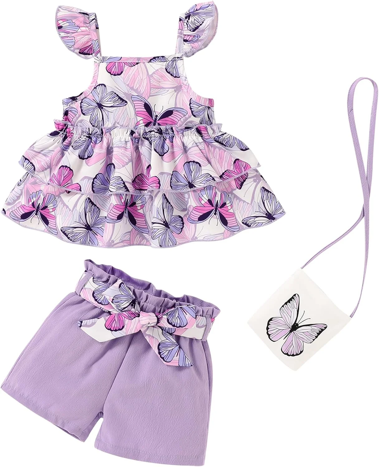 ست لباس دخترانه شامل تاپ رکابی چین‌دار بدون آستین، شورت و کیف