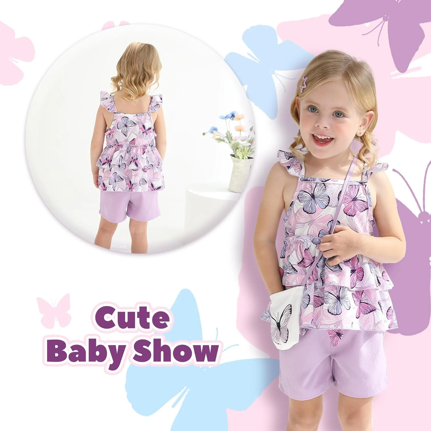 ست لباس دخترانه شامل تاپ رکابی چین‌دار بدون آستین، شورت و کیف