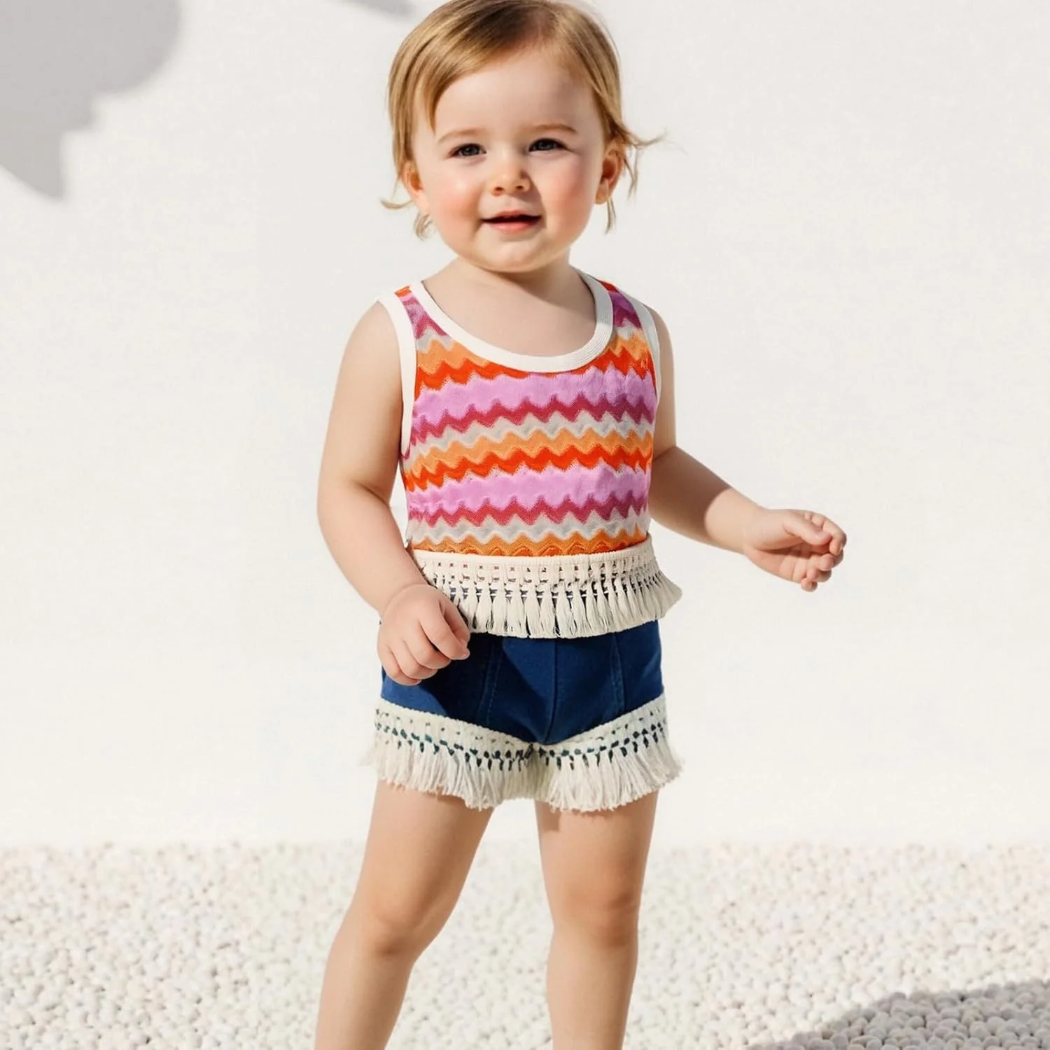 ست لباس تابستانی دخترانه شامل تاپ بدون آستین راه راه با حاشیه منگوله دار و شورت جین ست لباس تابستانی دخترانه شامل تاپ بدون آستین راه راه با حاشیه منگوله دار و شورت جین