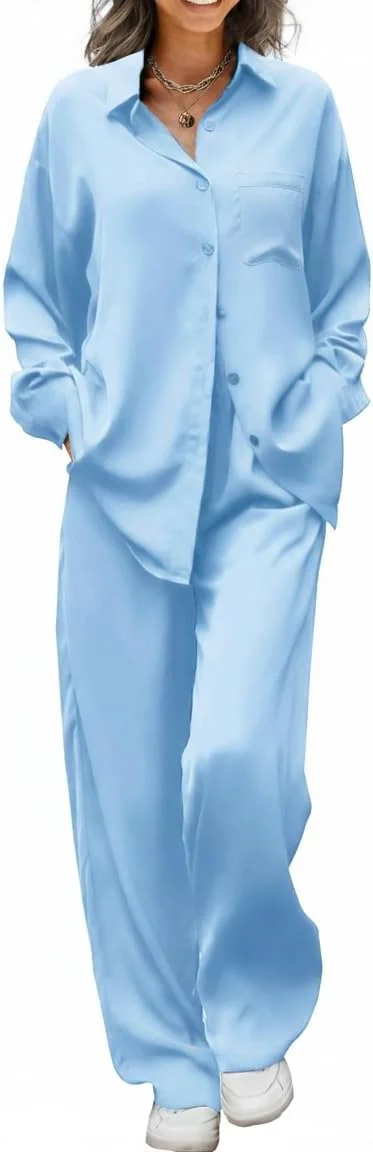 ست پیژامه ساتن ابریشمی زنانه Ekouaer، ست 2 تکه لباس خواب طرح دار، لباس راحتی نرم، دکمه دار، شلوار بلند با کمر کشی