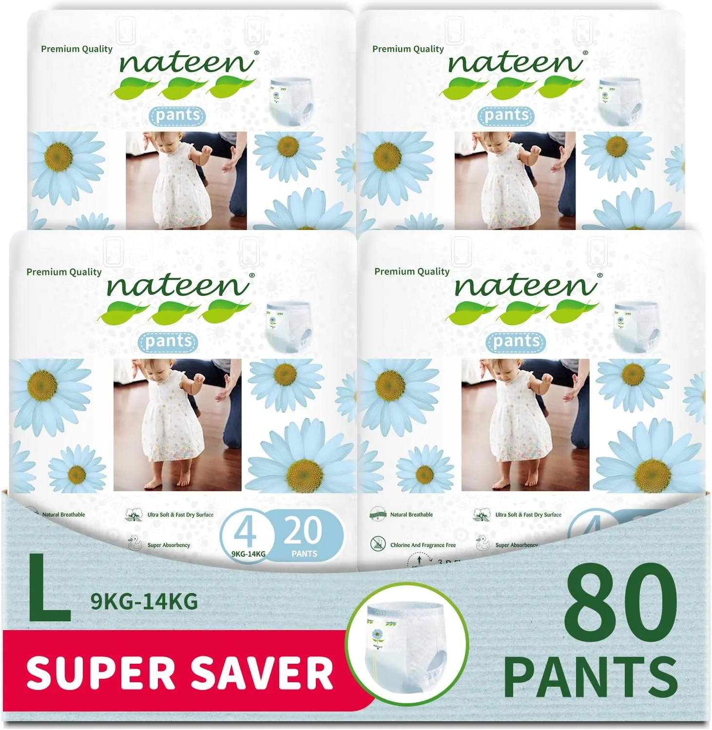 شورت پوشک بچه ناتین پریمیوم کر، سایز 4 (9-14 کیلوگرم)، بزرگ، 80 عددی، فوق العاده جاذب، محافظ دوگانه سه بعدی ضد نشت، شورت پوشک بچه فوق العاده نازک.