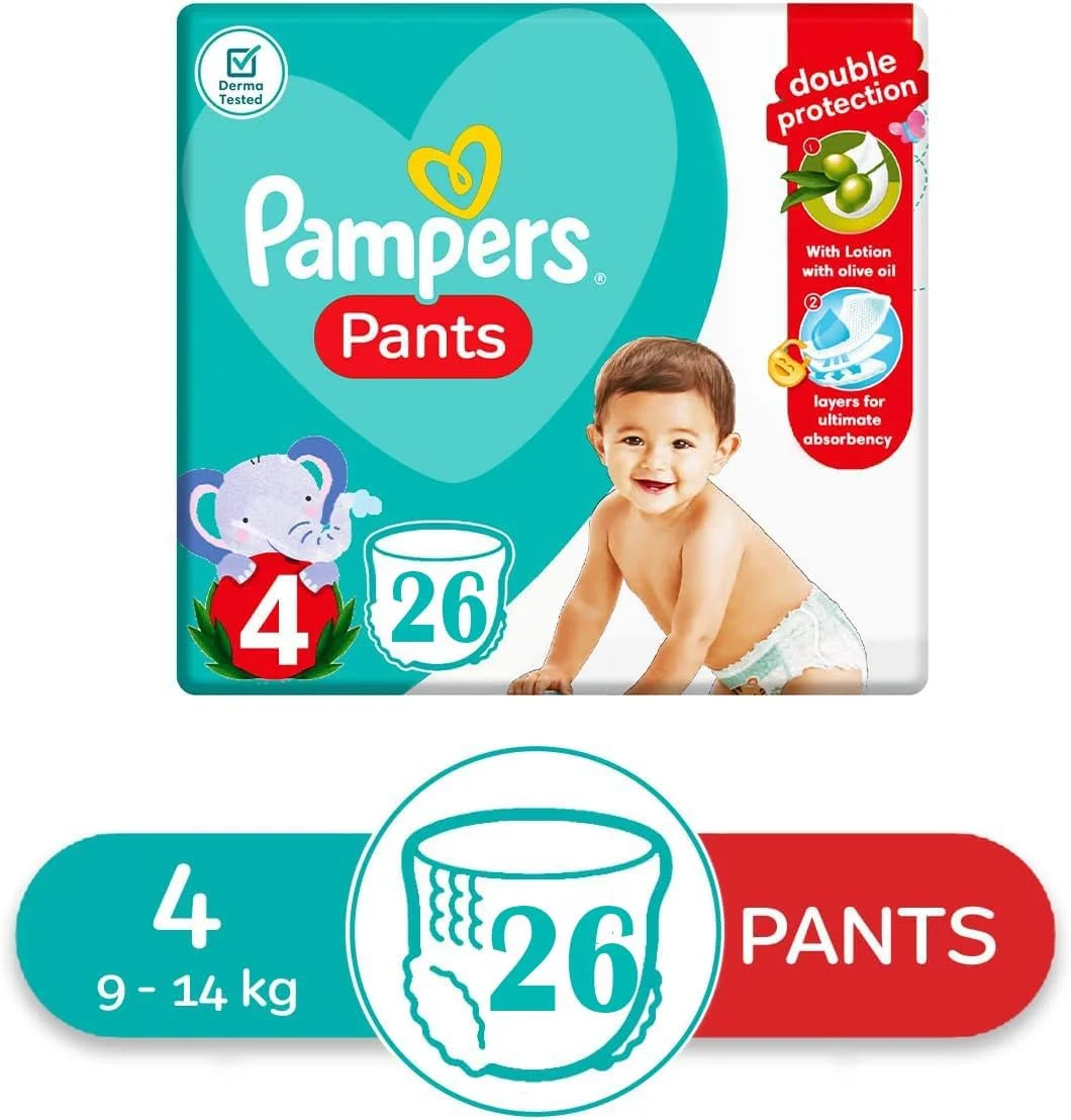 شورت پوشک بچه پمپرز، سایز 4، 9-14 کیلوگرم، حاوی لوسیون بچه با روغن زیتون، 104 عدد