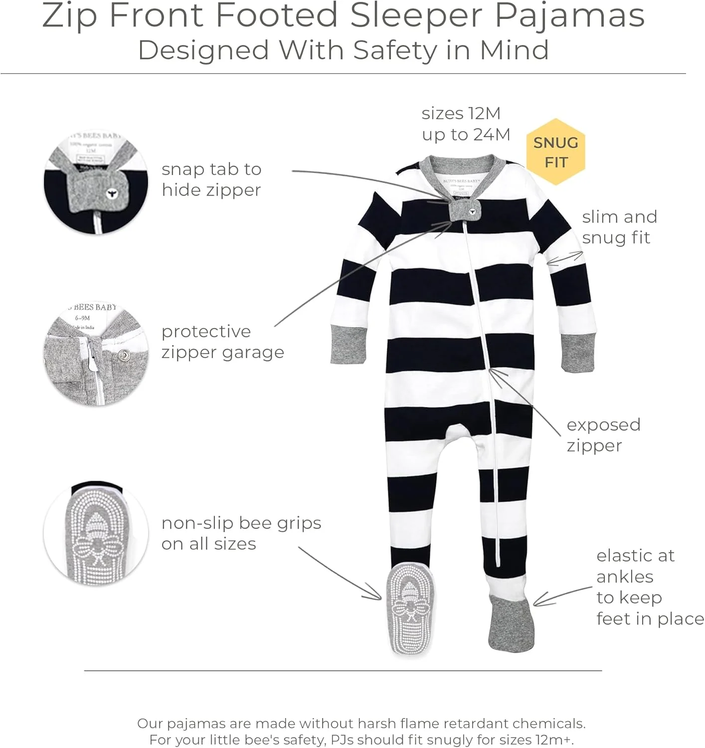 لباس خواب یکسره دخترانه نوزادی Burt's Bees Baby، 100% پنبه ارگانیک، لباس خواب یک تکه، سرهمی زیپ دار مورب، فیت راحت