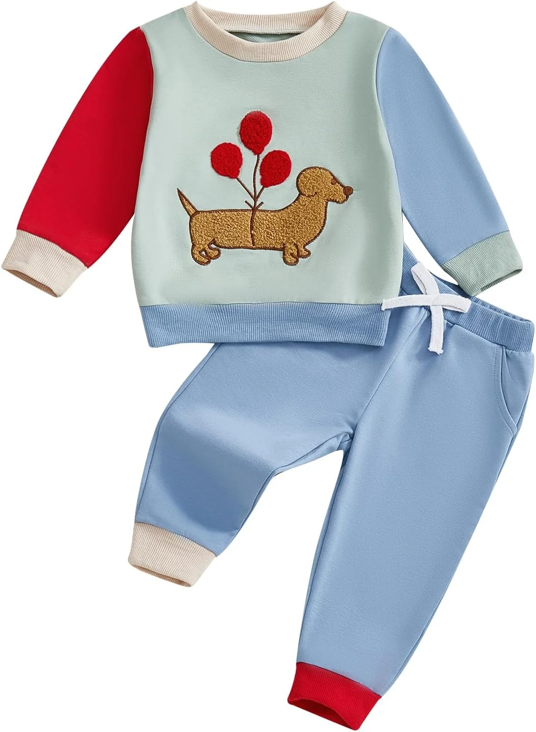 ست بلوز و شلوار نوزادی پسرانه، بلوز آستین بلند یقه گرد با طرح سگ و شلوار ورزشی کمر کشی، لباس های غیر رسمی پاییزی پسرانه