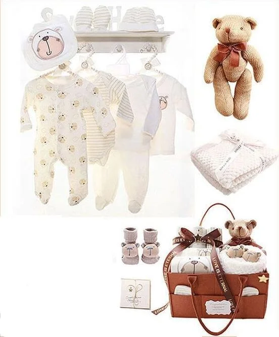 ست هدیه نوزادی برای نوزاد پسر و دختر، ست لوازم جانبی لباس نوزاد پنبه ای ممتاز مناسب نوزاد تا 3 ماهگی (خرس)
