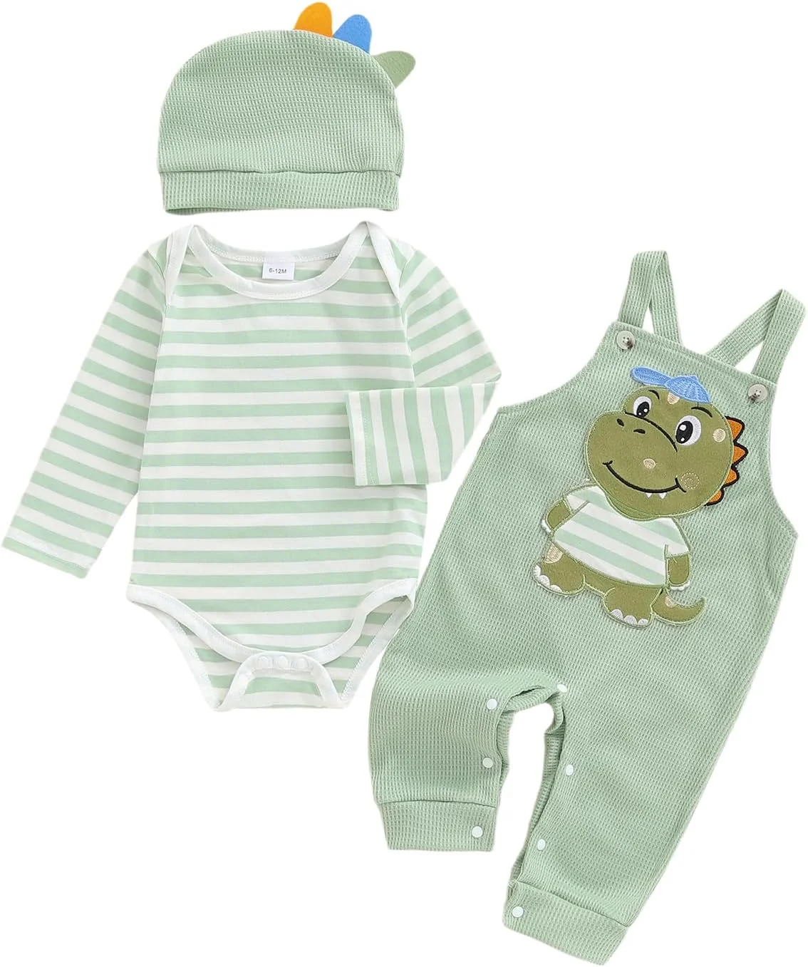 ست لباس نوزاد پسرانه، شامل بلوز آستین بلند راه راه، شلوار پیشبندی طرح حیوانات و کلاه، مناسب فصل پاییز، 3 تکه