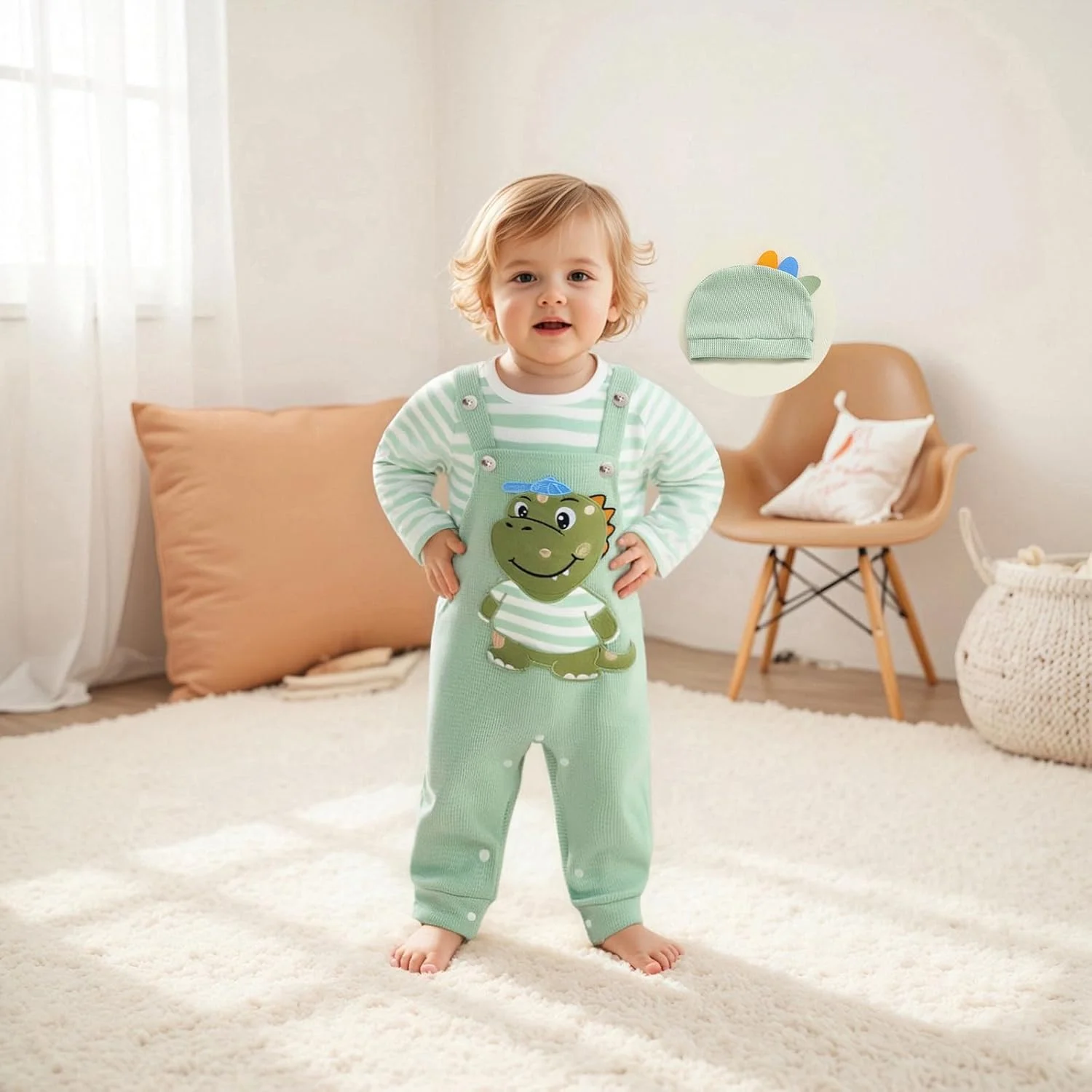 ست لباس نوزاد پسرانه، شامل بلوز آستین بلند راه راه، شلوار پیشبندی طرح حیوانات و کلاه، مناسب فصل پاییز، 3 تکه