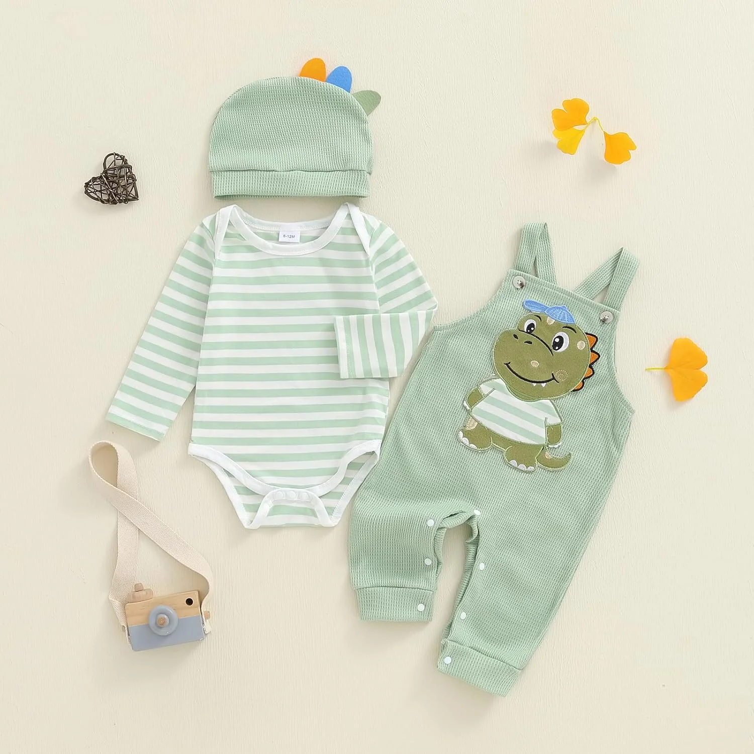 ست لباس نوزاد پسرانه، شامل بلوز آستین بلند راه راه، شلوار پیشبندی طرح حیوانات و کلاه، مناسب فصل پاییز، 3 تکه